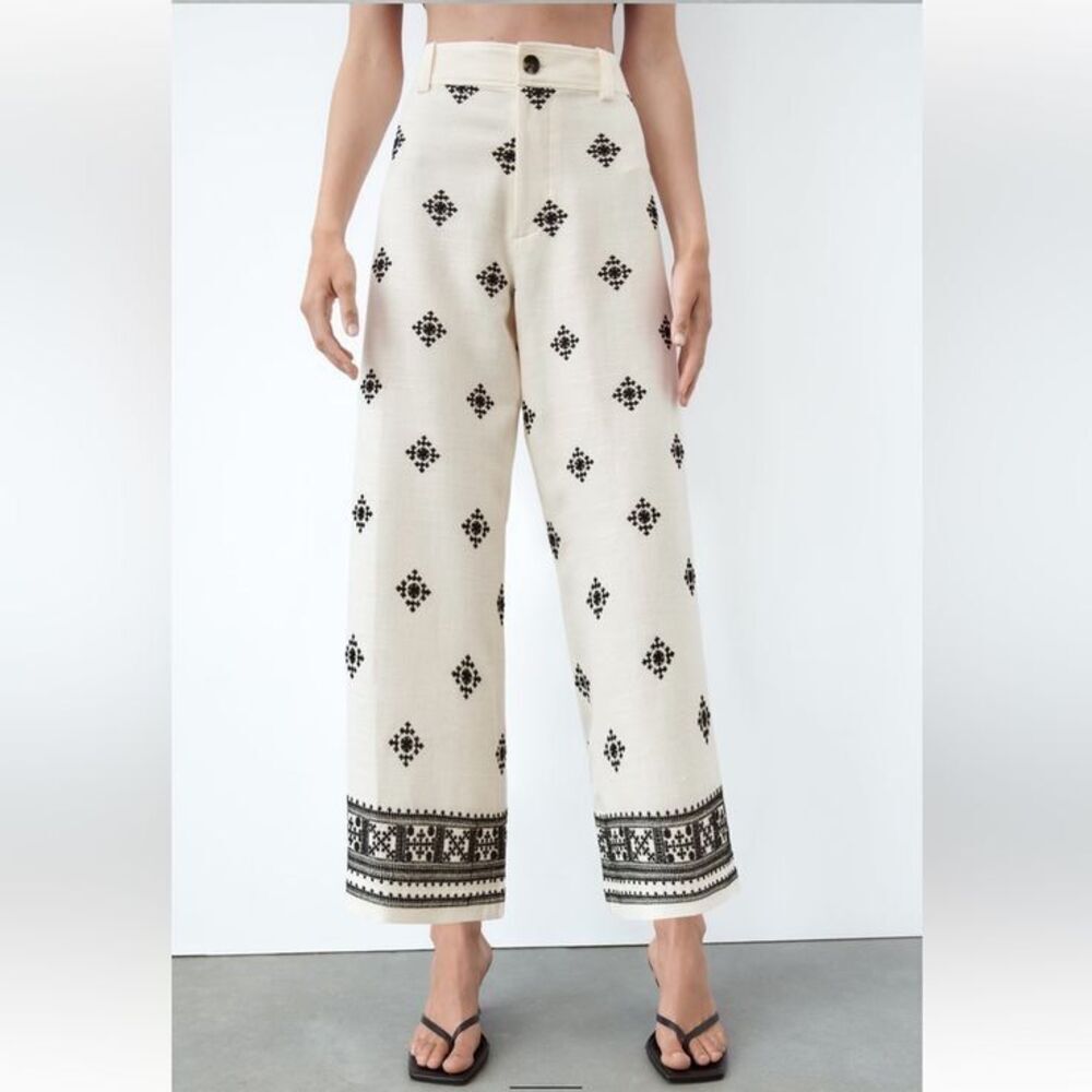 Zara Cream Embroidered Wide Leg Pants XS Boho Linen Blend